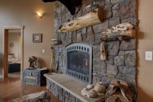 a stonework fireplace