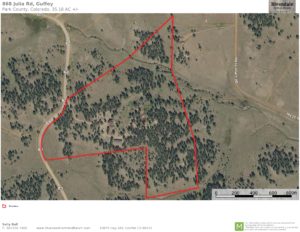 aerial view of property with property boundaries marked. Document provided for informational purposes only. Please contact Sally Ball if you have accessibility issues. 303-506-7405