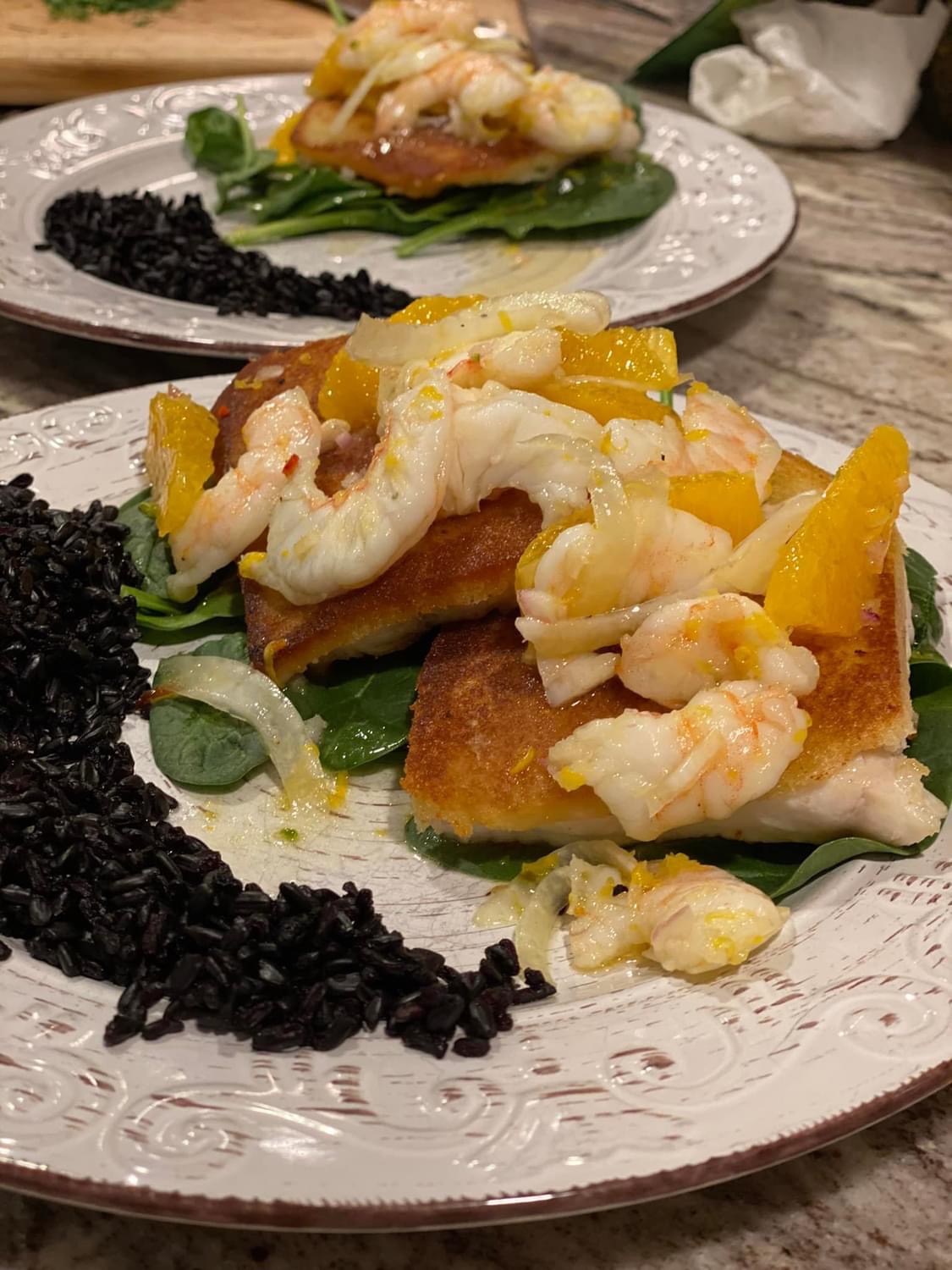 Breaded Red Snapper with Shrimp, Fennel and Oranges (serves 6) from John Besh’s My New Orleans