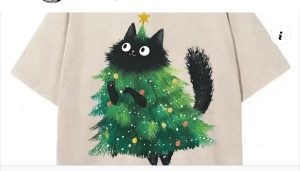 An AI shirt of a Christmas tree with a cat head.