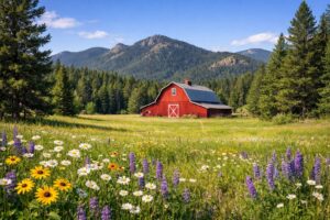 A red barn in a green field of wildflowers. A mountain and pine trees rise i the background.